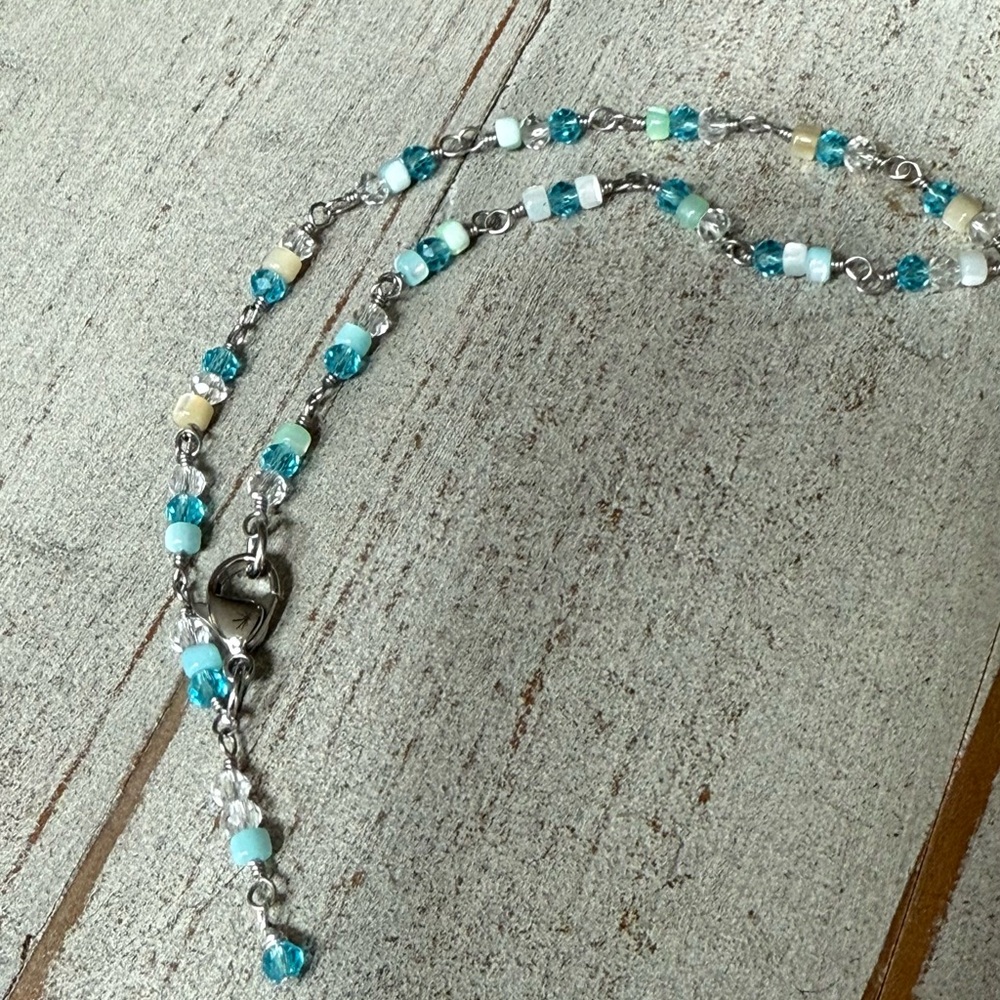 Anklet  Of Crystals and Mother of Pearl Silver and Blue Beaded 9” Stainless